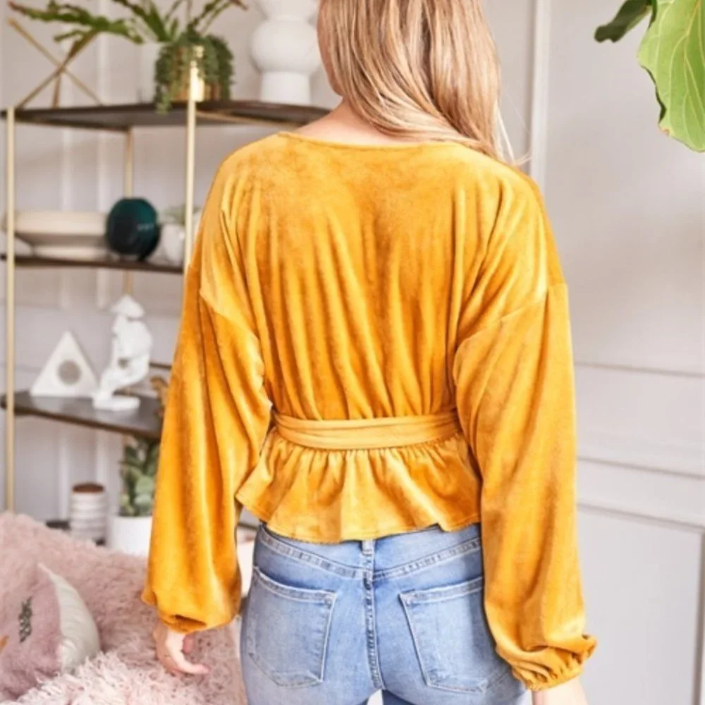 BOHO velour bishop sleeve belted MUSTARD TOP